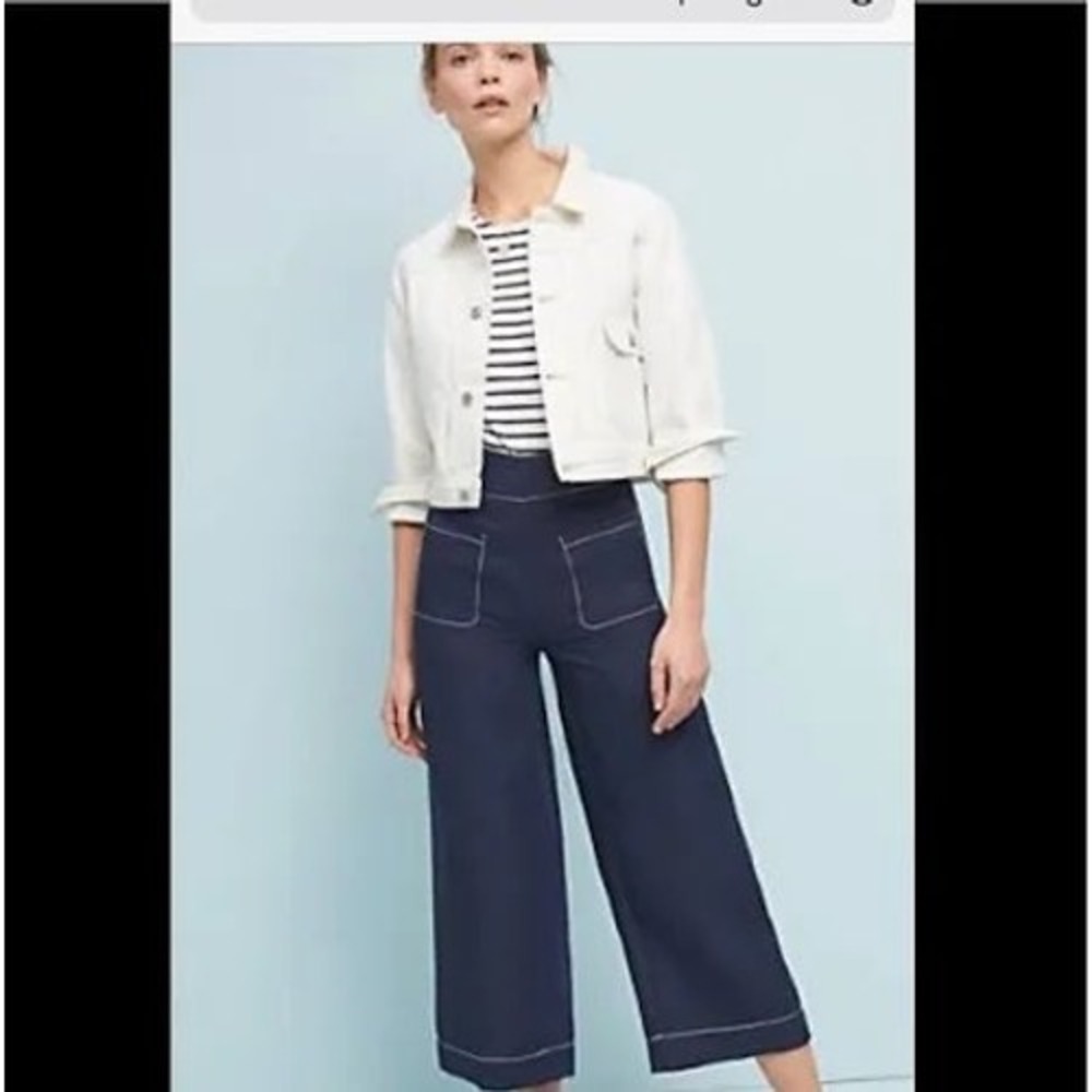 Moon River X Anthropologie Navy Topstitch Linen Blend Wide Leg Crop Pants MR4631
